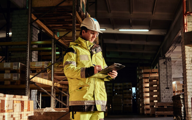 Experienced manager is checkin necessary paperworks in the warehouse.